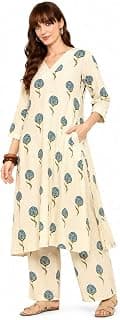 Women's Cotton Printed flared kurti with V-neckline and side pockets paired with Matching PalAMzo Pant (Beige)