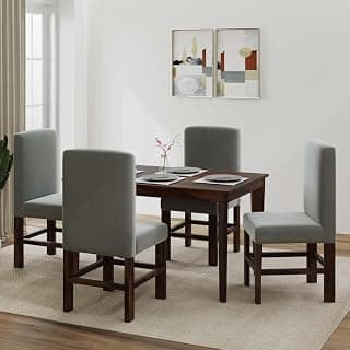 Santosha Decor Solid Sheesham Wood 4 Seater Dining Table Set with 4 Cushioned Chairs for Dining Room|Living Room|Home & Office|Hotels Restaurant & Cafe(4 Seater, Walnut Finish with Gray Cushiones)