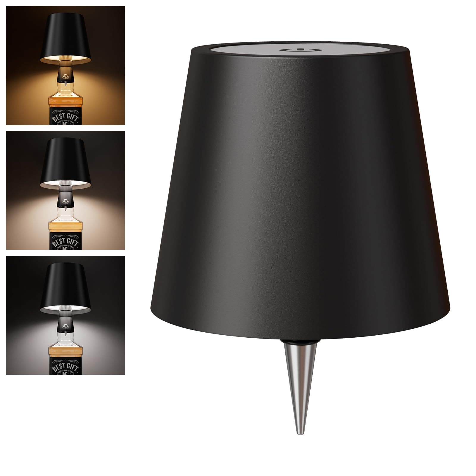 WOKWOYIO Wireless Bottle Lamp, Wireless Bottle Lamp Shade with 3 Color Temperature, Rechargeable Stepless Dimming LED Wine Bottle Lights for Any Bottle, Desk Lamp for Bedroom Restaurant Bar - Black