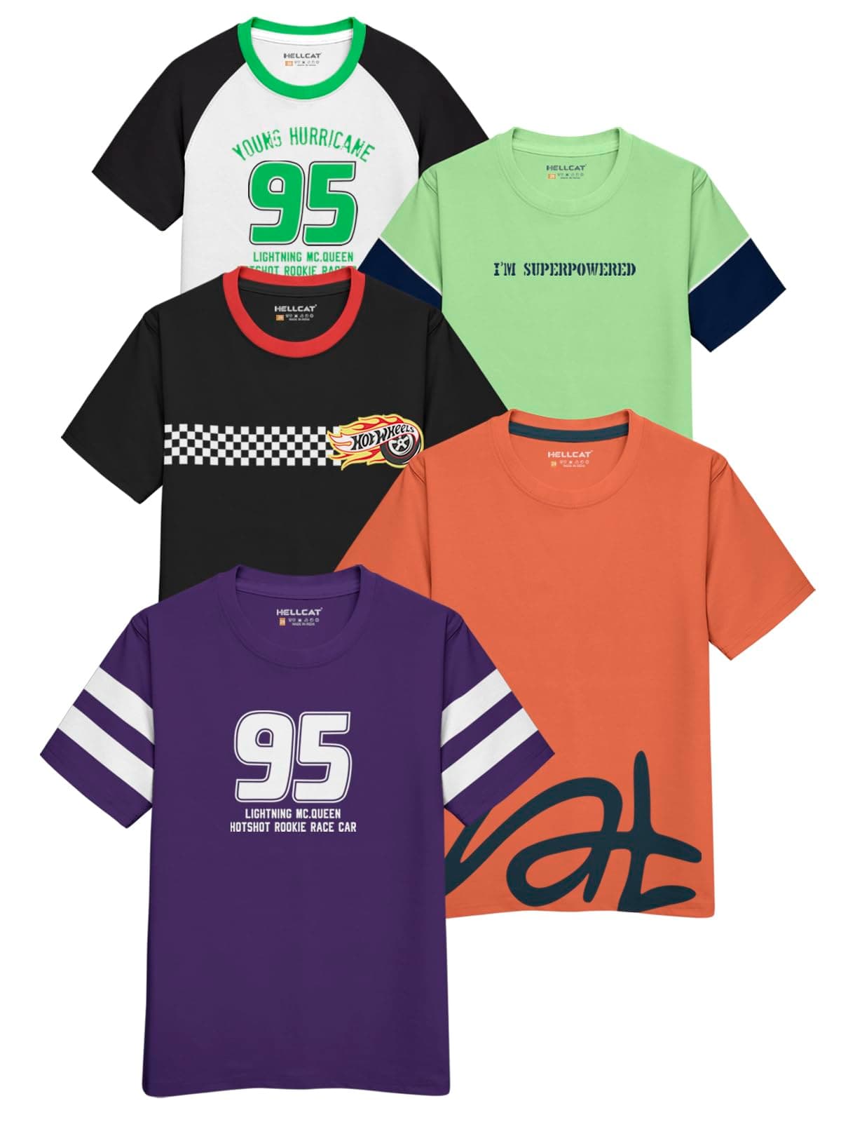 HELLCAT Trendy Cotton Blend Tshirts for Boys - Pack of 5 | Kids Graphic Tees for Boys 3-16 Years | Stylish & Comfortable Tshirts