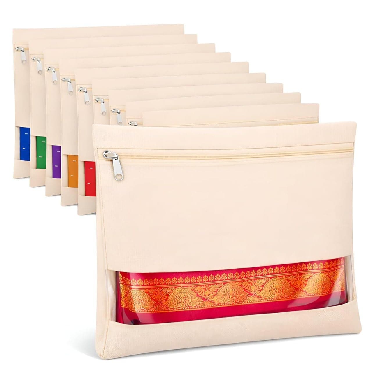 Saree Covers for Storage, Pack of 12, Big Size 16 x 14 Inch, Beige | Cotton, Zip Closure, Transparent Window, Wardrobe Organiser