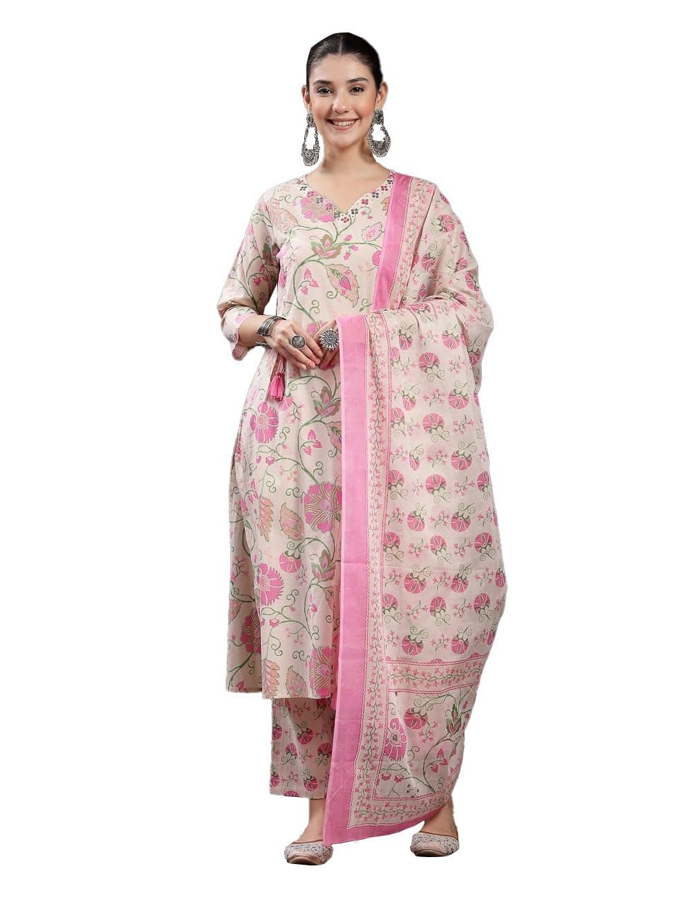 Stylum Women's Blush Floral Printed Cotton Straight Kurta Pant Dupatta Set