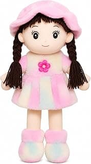 Soft Plush Rag Doll Toy Figure with Cap & Long Braided Hair, 42 cm, Embroidered Eyes, Multicolor, Washable Stuffed Toy for Kids (3+ Years)