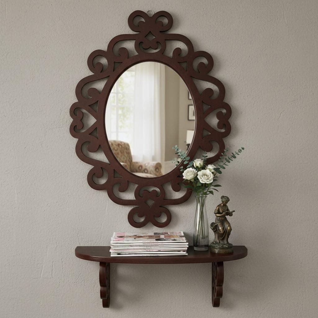 THE URBAN STORE Wall Mirror Wooden Walnut Color 18"x14" Pack of One French Style Elegantly Hand Crafted Floral Carving Mirror for Home and Office Decor TUSMR78BR
