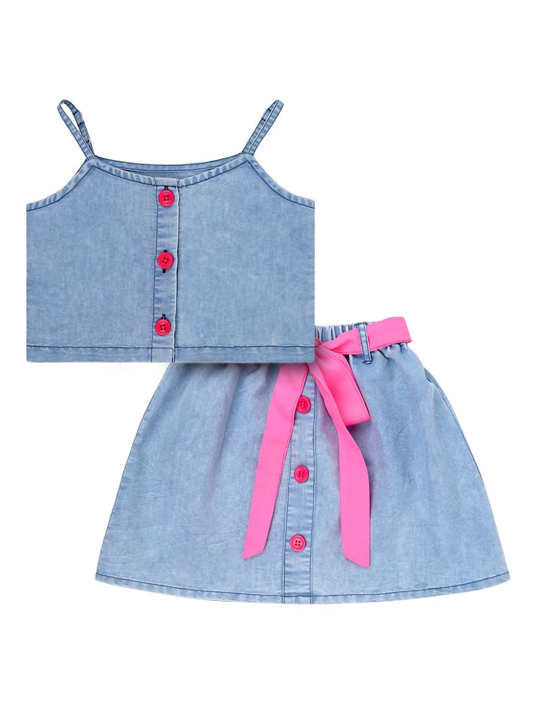 superminis Girls Denim Top And Skirt Co-Ords Dress With Pink Color Belt