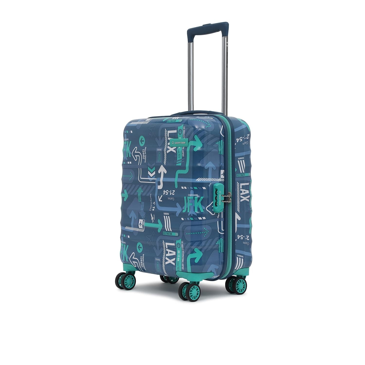 uppercase JFK (Small) 56cms | Hardsided Cabin Trolley Bag for Travel |Eco Polycarbonate Printed Luggage |Combination Lock|8 Spinner Wheel Trolley Bag |Suitcase for Men & Women |(Denim Blue)
