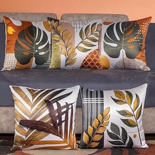 Amazon Brand - Umi 3D Decorative Satin Sofa Cushion Covers Set of 5, 16 inch x 16 inch, Sofa Pillow Cover, Brown, Beige and Green, Floral Leafy Design, Zipper Closure (Leaflet, 16X16 Inches)