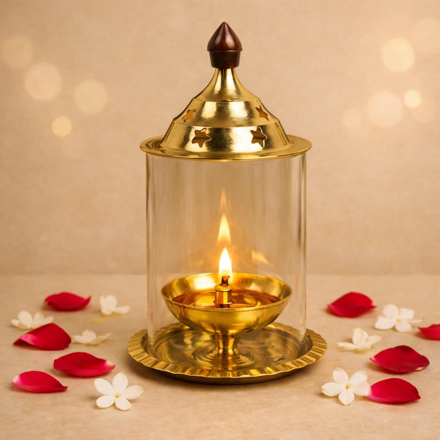 ServDharm Brass Akhand Diya with Borosilicate Glass Cover | Medium Oil Lamp 5.9"