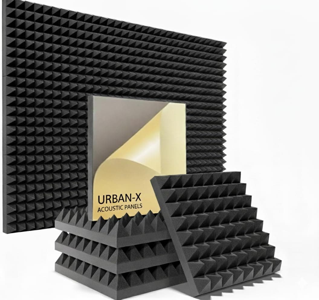 URBAN-X® Pyramid Acoustic Foam Panels 12" X 12" X 2", 38 Kg/m³ High Density Soundproofing Studio Foam & Echo Reduction, Sound Absorption, (Charcoal Black With Self Adhesive, Set of 90)