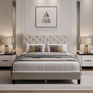 Julius Upholstered Bed Queen Size Without Storage 78x60 Solid Sheesham Wood Modern Premium Fabric Upholstery Cushion Headboard | Queen Bed for Bedroom Wooden Double Bed Cot |Cream