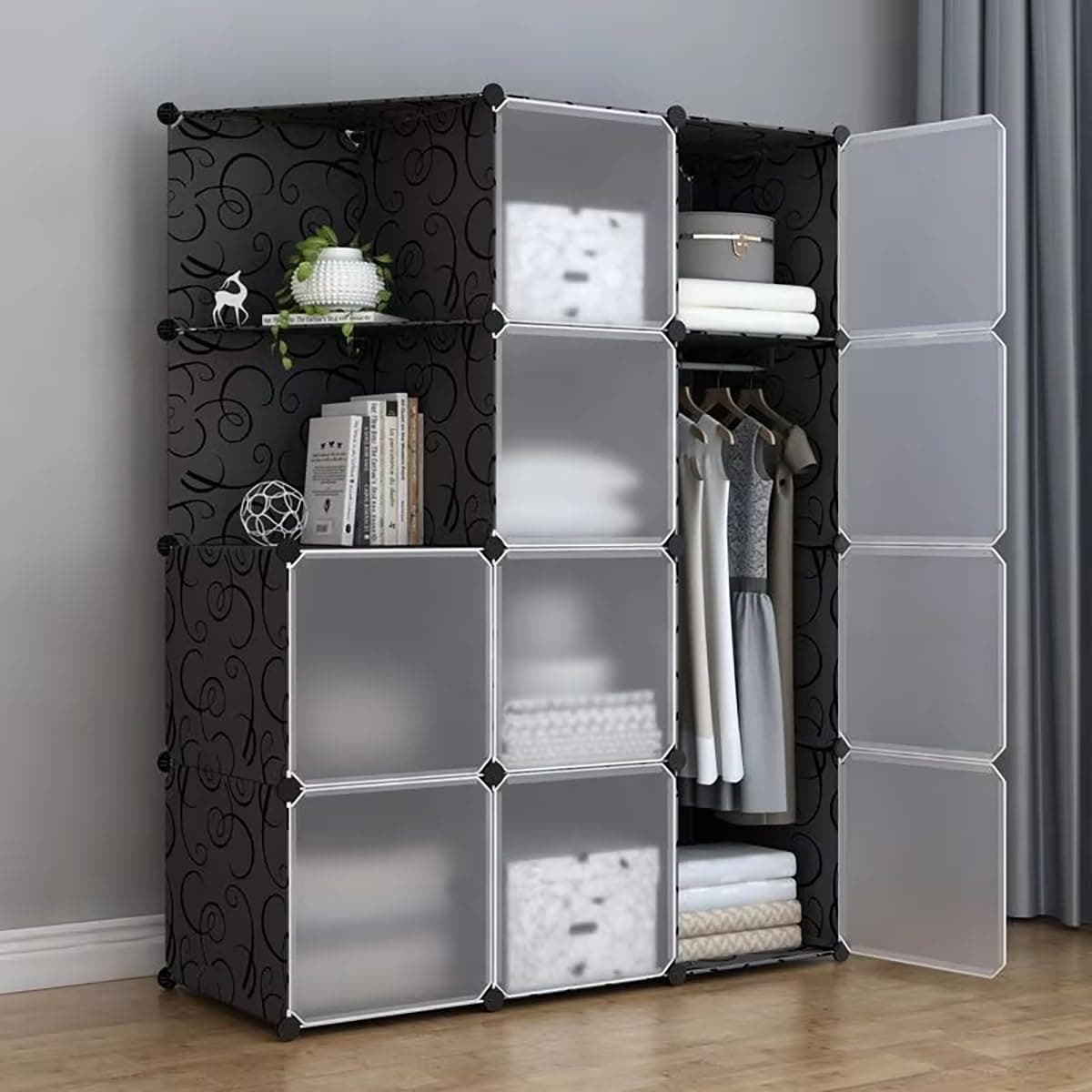 Sunderlook Plastic Wardrobe for Kids Clothes – Collapsible Wardrobe, Easy to Use Anti-Skid & Non-Slip Effective Professional Foldable Plastic Cupboard for Kids, Home (Black-HL1, 10 Door)
