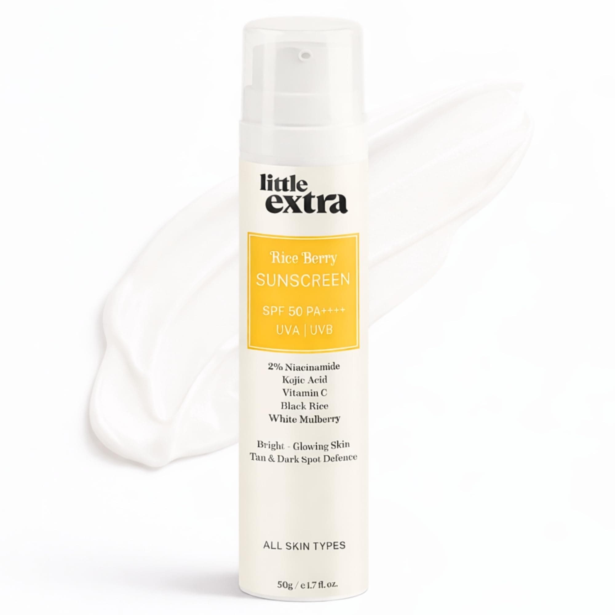 little extra Rice Berry Sunscreen, Spf 50 Pa++++, Uva/B, Fast Absorbing, With Niacinamide, Kojic Acid, Vitamin C, Black Rice Water For Bright, Glowing Skin, No White Cast, Light Weight, 50G, All