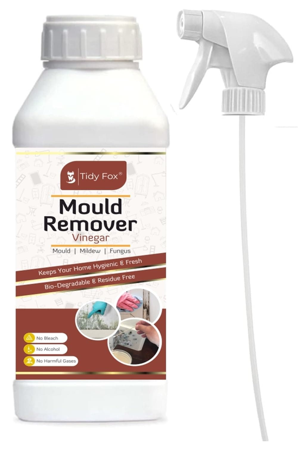 Tidy Fox Mould Remover Spray for Walls, Tiles, Ceiling & Wood, 1L | Vinegar Based; 16% Concentrated; Bleach Free; No Toxic Fumes; Eco Friendly; Mildew Stain Removal