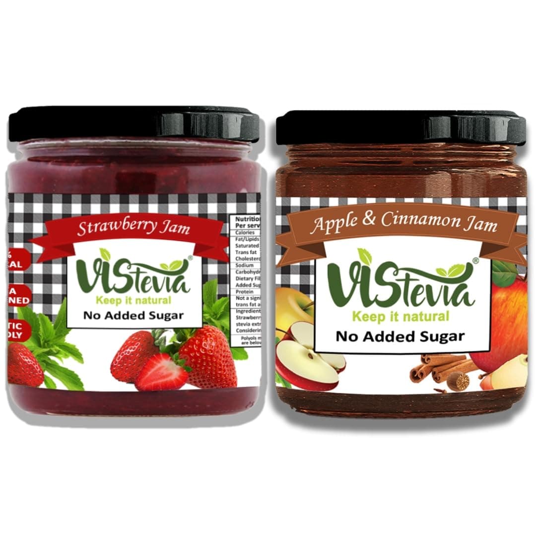VIStevia Sugar Free Apple & Cinnamon Jam/Strawberry Jam - Pack of 2 (220g X 2) | Diabetic & Keto Friendly | Sweetened with Stevia and Erythritol | 100% Natural | Contains More Than 60% Whole Fruit | Tastes Delicious