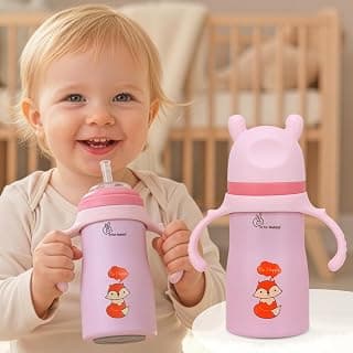 R for Rabbit Steebo Tiny Tales Premium Stainless Steel Straw Sipper for Kids, Leak & Spill Proof BPA Free Soft Silicone Straw Drinking Sipper Bottle for Kidss Boy & Girl of 12+ Months (270ml, Pink)