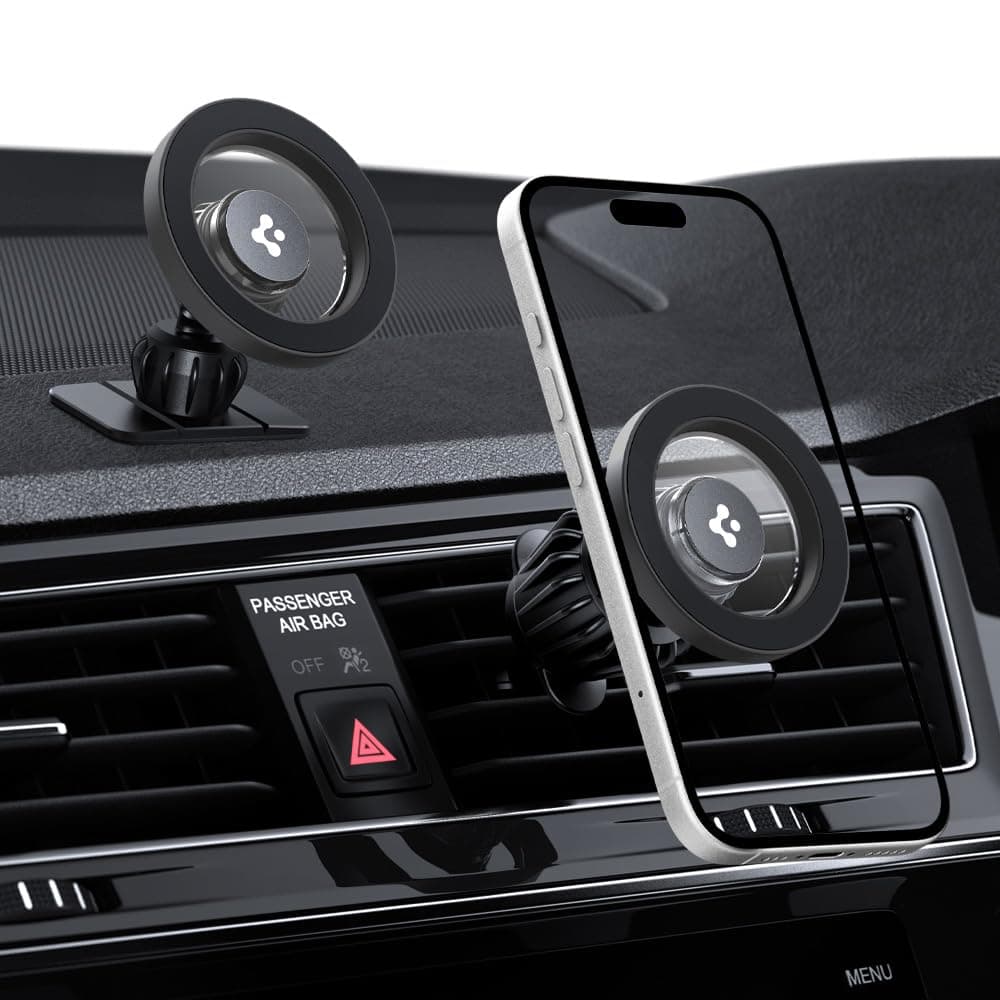 Spigen Magnetic Air Vent Car Mobile Holder, Super Strong Magnet, (Magnetic Ring & Extra Mini Dashboard Mount Included) for iPhone 17/16/15/14/13/12, Samsung Galaxy Series & More (MFT13) - Grey
