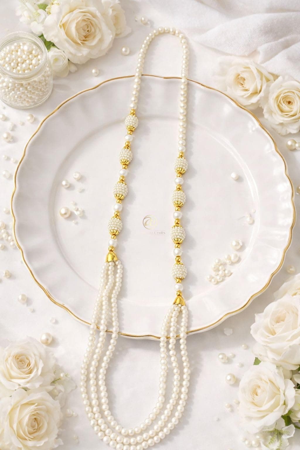 Pearl Welcome Mala for Barati Swagat Pack of 6 | Wedding Swagat Mala Haar Unisex Ceremonial Necklace, Welcome Gift Garland for Barat Milni (White Challa Gold Beads Three Line Welcome Mala)