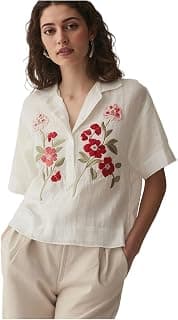 ANNI DESIGNER Women Cream Cotton Embroidered Tops | Floral Thread Work Short Sleeve Shirt | Casual Summer Wear for Office & Daily Use