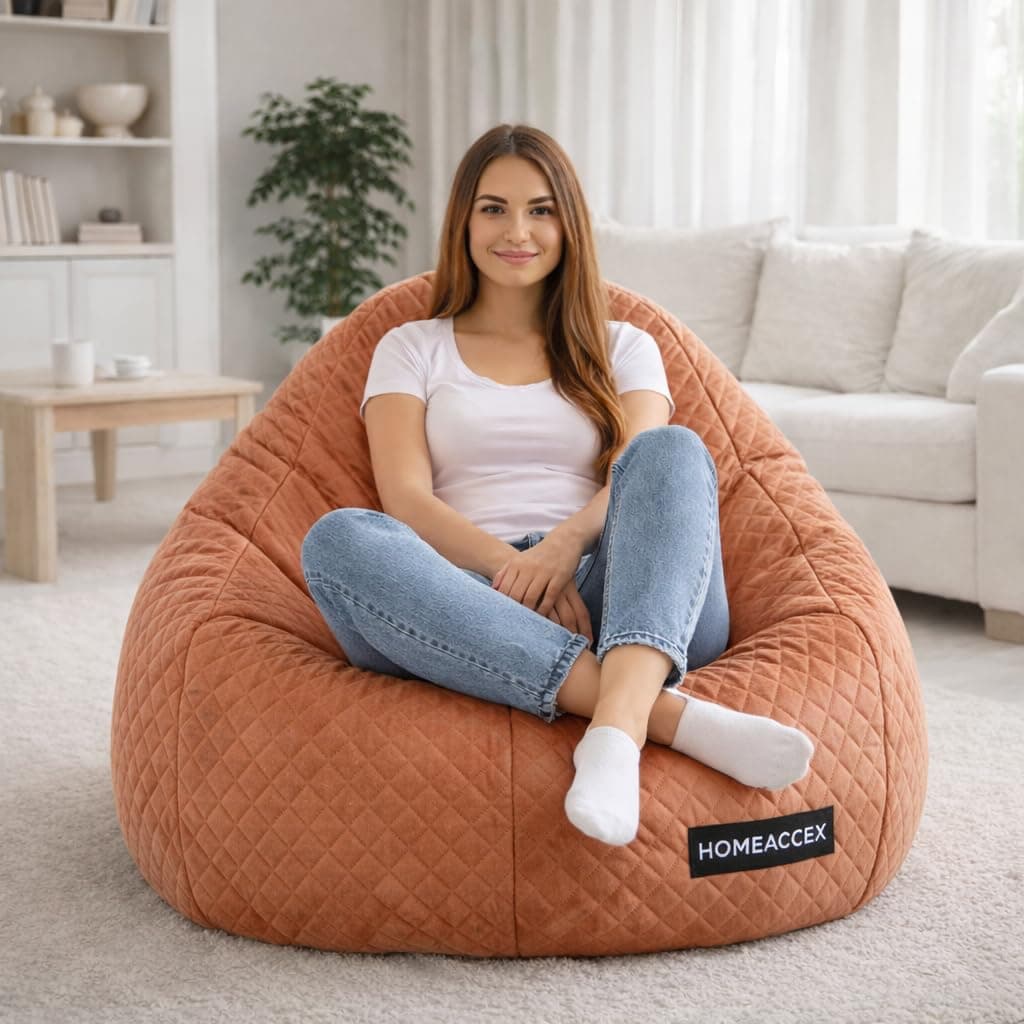 Homeaccex Quilted Velvet Bean Bag with Filled Beans 2XL Bean Bag Chair | Capacity Upto 90Kg Weight | Filled Bean Bag Sofa (TAN Brown2XL)