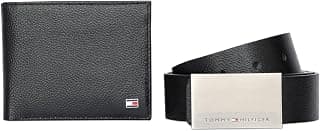 Tommy Hilfiger Batalha Men Leather Gift Set Include Large Size Belt and Wallet Black+Brown/Black
