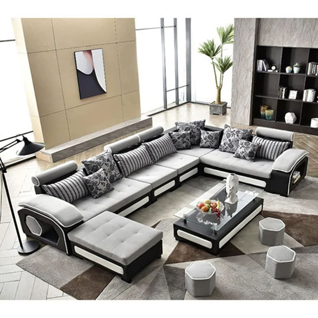 Torque - Silvester 12 Seater U Shaped Sofa for Living Room (Left Side, Silver & Black) | Large 12-Seater Couch Set with Cushion and Stool | Fabric Sofa for Hall Festival Gifts
