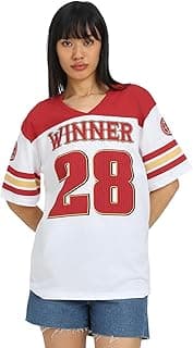 JUNEBERRY Pure Cotton White & Red Oversized Baggy Fit V-Neck Jersey Front Printed Half Sleeve T-Shirt for Women