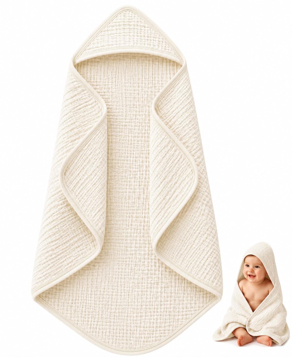 MomNess Hooded Baby Bath Towel, 100% Cotton Crinkled Muslin, Soft, Breathable, Highly Absorbent, Quick Dry, 30 x 30 Inch, Newborn, Infant & Toddler, 0–3 Years, Cream