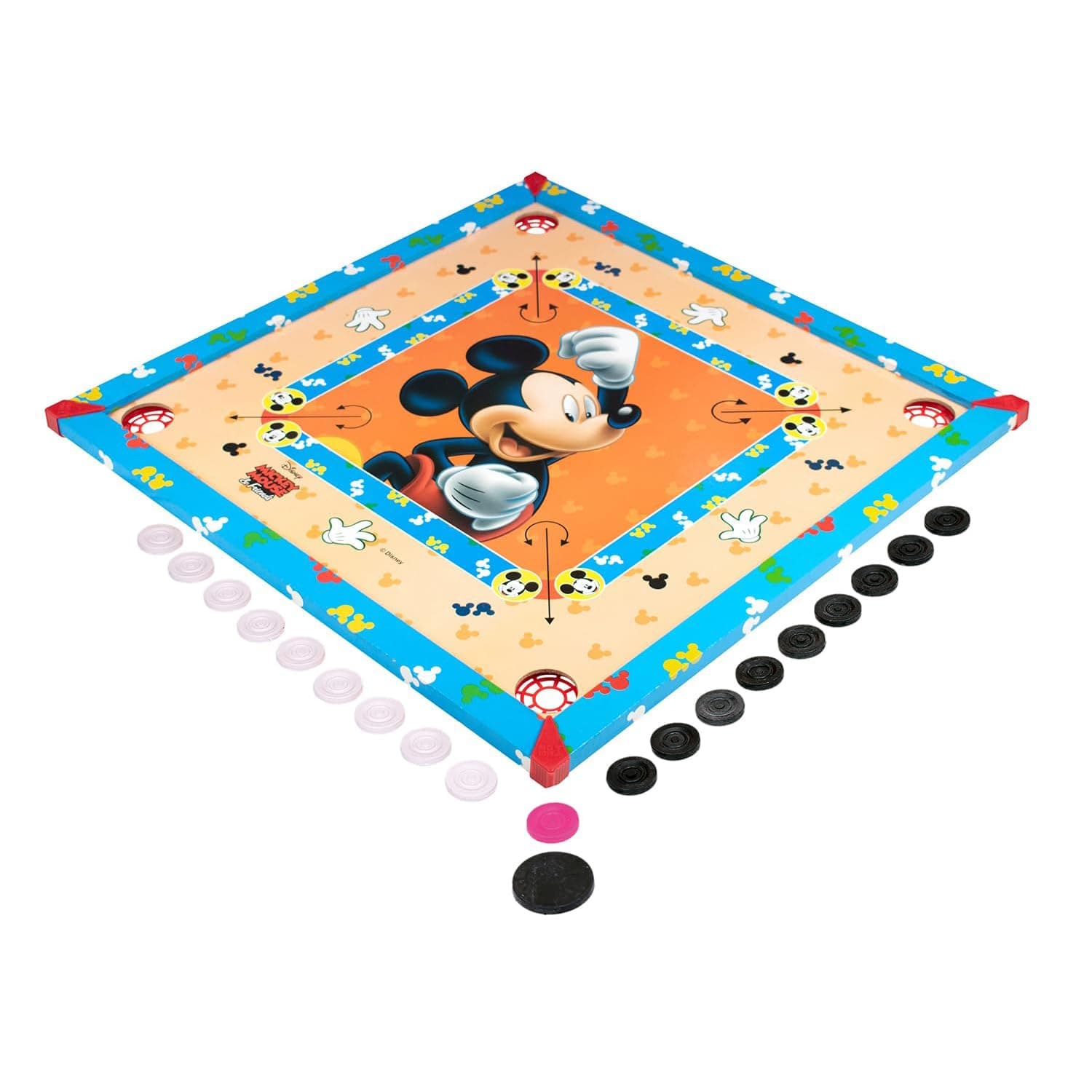 Amazon Brand - Jam & Honey Mickey Mouse Carrom Board for Kids 4+ Years, 26x26 Inch Wooden Set with Ludo, Snakes & Ladders, Multi Game Indoor Family Board Game, BIS Certified Safe