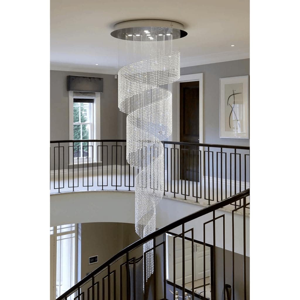 Harold Electricals Modern Contemporary Swivel Long Crystal Chandelier for Living Room, Hallway,Staircase, & Entrance (Available for Customization) -Chrome Round Base Plate (3Ft Dia x 7Ft Height)
