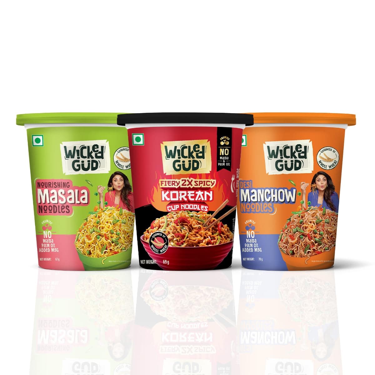 WickedGud Cup Noodles Variety Pack | Fiery Korean, Masala & Manchow Flavours | High Protein & Fiber | No Maida | 67 g, 69 g & 70 g Cups (Pack of 3)