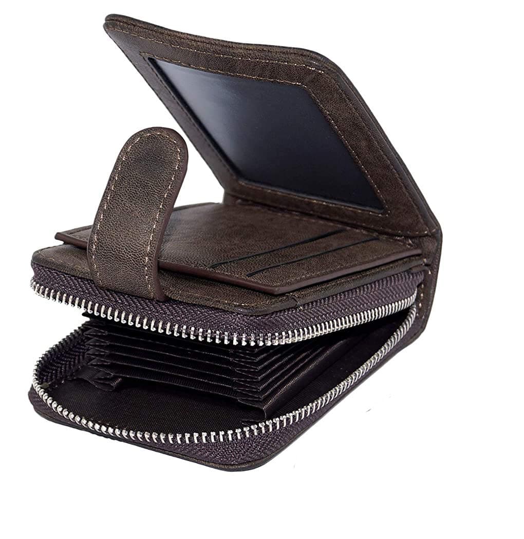 Storite Men's Genuine PU Leather RFID Blocking Wallet – Zip Around Bifold Design with 11 Card Slots, ID Window & 2 Bill Compartments – Brown (Dark Brown)