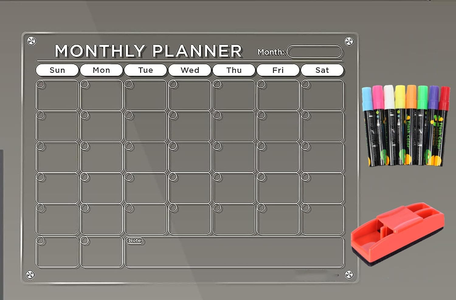 True-Ally Acrylic Glass Clear Calendar for Fridge Magnetic Board Calendar for Refrigerator, Monthly Planner Includes 8 Markers and Magnetic Duster(16"x12"Inches) (Montly Panner + 8 Chalk Marker)