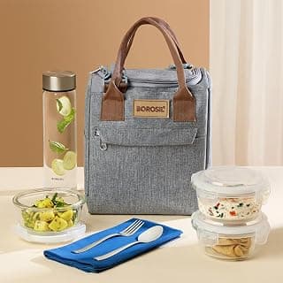 Borosil 7pc Borosilicate Glass Lunchbox | 3pc Contianer + 1 (550ml) Glass Bottle + Fork & Spoon Set with Mat | Microwave & Dishwasher Safe | Tiffin for Office, School, College