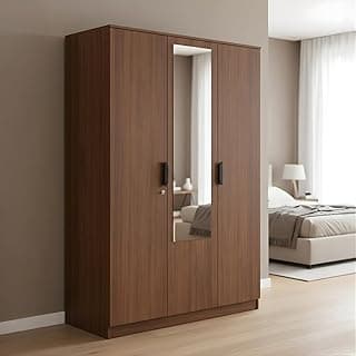 Nilkamal Milford 3 Door Wooden Wardrobe with Mirror for Bedroom | Almirah with 8 Shelves, 1 Hanging Rod & 1 Drawer | Clothes Cupboard | Engineered Wood | Classic Walnut