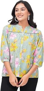 Rimika Pure Cotton Sage Green Floral top Regular Fit with 3/4th Sleeves, Mandarin Collar, Front Button, Perfect for Casual, Formal, and Ethnic Wear