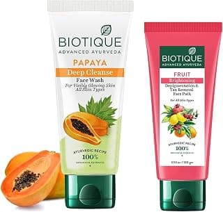Biotique Papaya Deep Cleanse Face Wash For Visibly Glowing Skin All Skin Types, 150ml & Biotique Fruit Brightening Depigmentation & Tan Removal Face Pack, 100ml