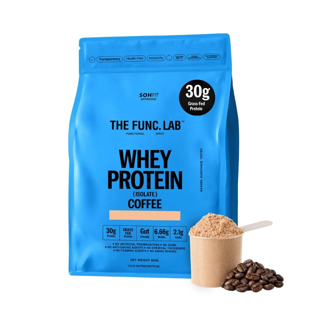 The Func. Lab Whey Protein Isolate - Coffee Flavour | 500g | Grass‑Fed, 30g Protein, 6.66g BCAA per Scoop | High Protein Supplement for Muscle Growth, Digestion and Absorption Support