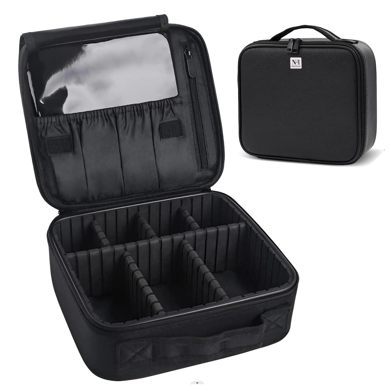 NFI essentials Professional Cosmetic Make Up Kit Storage Organizer Nylon Makeup Box Vanity Bag with Adjustable Compartment Travel Toiletry Bag (Black New)