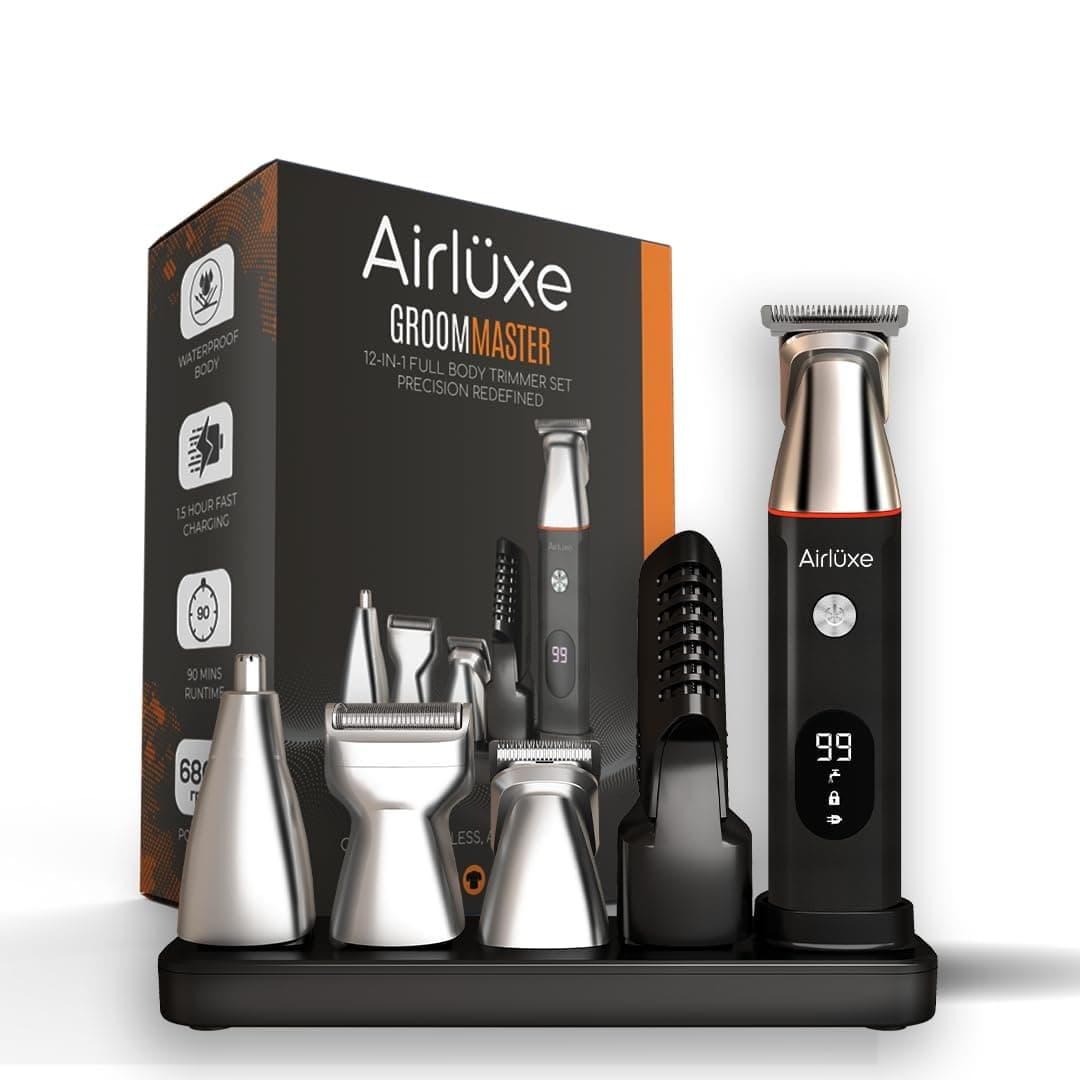Airluxe GroomMaster 12-in-1 Body Trimmer for Men | Full Body Grooming Kit with Precision, Body, Nose & Ear Trimmer, Foil Shaver | IPX7 | LED Display | 90 Min Runtime | Type-C Fast Charging - Grey