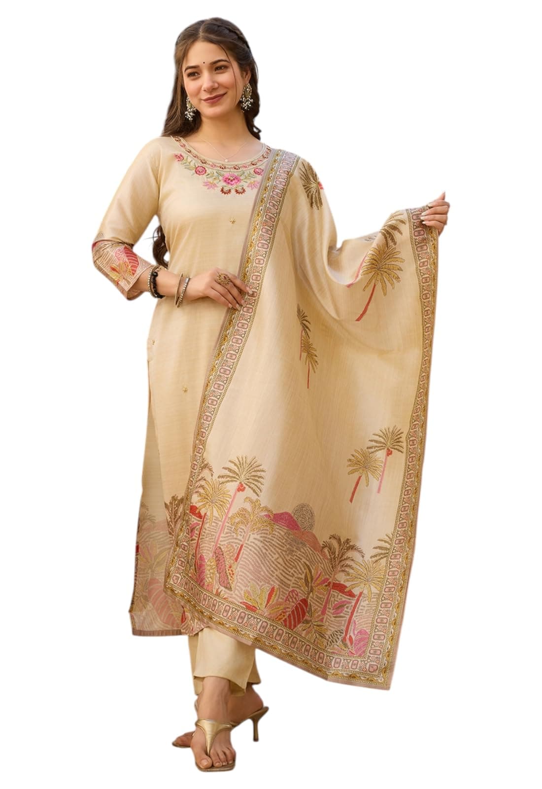 Yashika Women's Beige Viscose Assam Silk Fabric Straight Printed Kurta, Pant and Dupatta Set | Kurta Set for Women