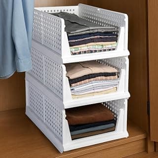 HomeStrap Set of 3, Stack it Up | Large Cloth Stacker | Foldable Shirt Storage Stacker for Wardrobe | Plastic Stackable Closet Organizer | White | 44L x 33W x 19H Centimeters