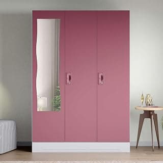 Interio by Godrej Almirah Slimline 3-Door Steel Almirah, Cupboard for Clothes (Royal Ivory and Dusty Rose), 1-Year Warranty, 7 Shelves, 1 Locker, Curvilinear Mirror