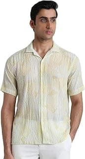 MUFTI Yellow Textured Camp Shirt