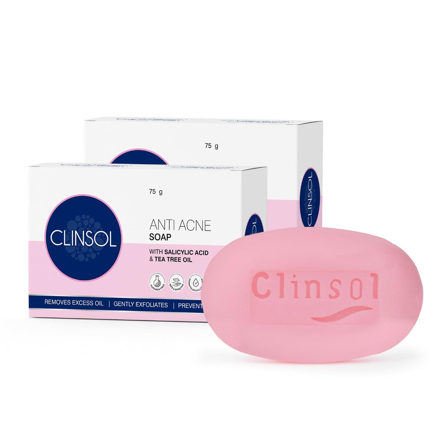 Leeford Clinsol Anti Acne Soap - 75g (Pack of 2) | With Tea Tree Oil & Vitamin E | Acne Soap for Men & Women | Treats & Prevents Acne, Controls Oil & Soothes Skin