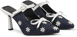TRYME Denim Embroidered Mules Style Bow Pointed Toe Slip-on Stilettos Heel Sandals for Womens and Girls