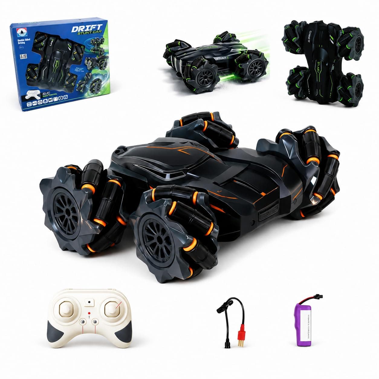 Eli & Chi Remote Control Car for Kids, 4WD RC Stunt Drift Toy, 360° Rotation, Double Sided Driving, Rechargeable High Speed Racing with LED Lights, Birthday Gift for Boys Girls 5-12 Years, Multicolour