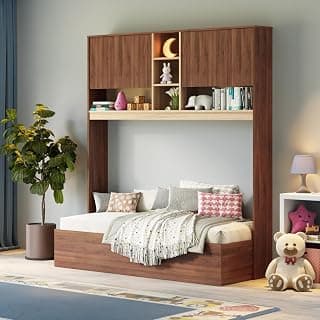 Wakefit Mantis Kids Bed with Storage | Single Wooden Bed with Built-in Bookshelf & Box Storage | Sturdy Engineered Wood Cot | Columbia Walnut Finish | Space-Saving & Stylish Design