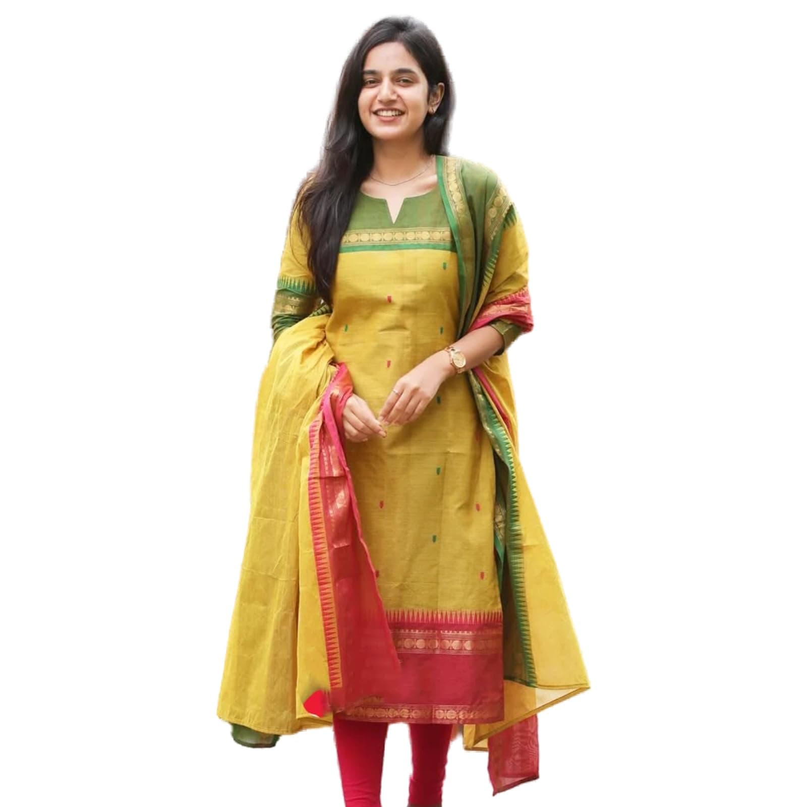 TWINLIGHT Women's Kanchi Cotton Jaquard Work Kurta and Dupatta Set with V Neck 3/4 Sleeves Straight Calf Length Kurti and Jaquard Work Border Dupatta
