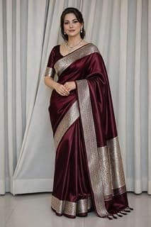 Generic Women's Traditional & Ethnic Satin 5.5 MetersBanarasi Saree with Blouse piece_Hania-Satin-Garnet-Silver