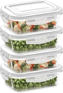 Borosil Klip n Store (370ml x 4) Rectangle Glass Food Storage Container Set with Air Tight Lid | Borosilicate Glass Container for Lunchbox | Microwave & Oven Safe | Transparent